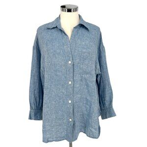Madewell Shirred Button-Up Shirt In Linen-Cotton Blue Size Large NWT